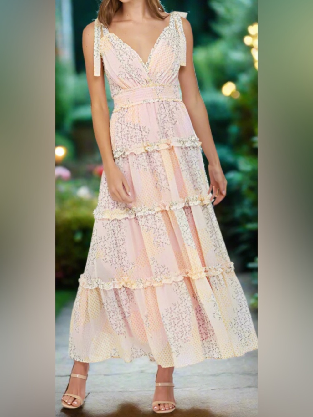 Fate Blush Pink/Yellow Print Ruffle Tiered Maxi Dress w/ Tie Straps: Small